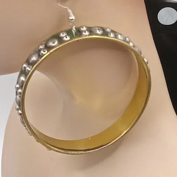 Black Studded Brass EARRINGS 2 Inch Pierced Goth Punk Boho India - Picture 3 of 6